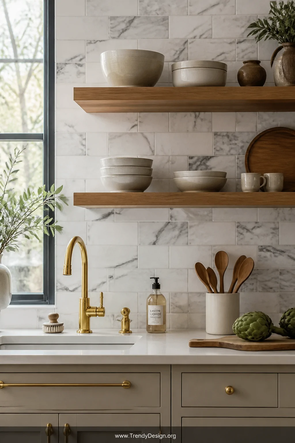 Medium shot of an elegant kitchen backsplash featuring Carrara-style white and gray marble peel and stick tiles with realisti