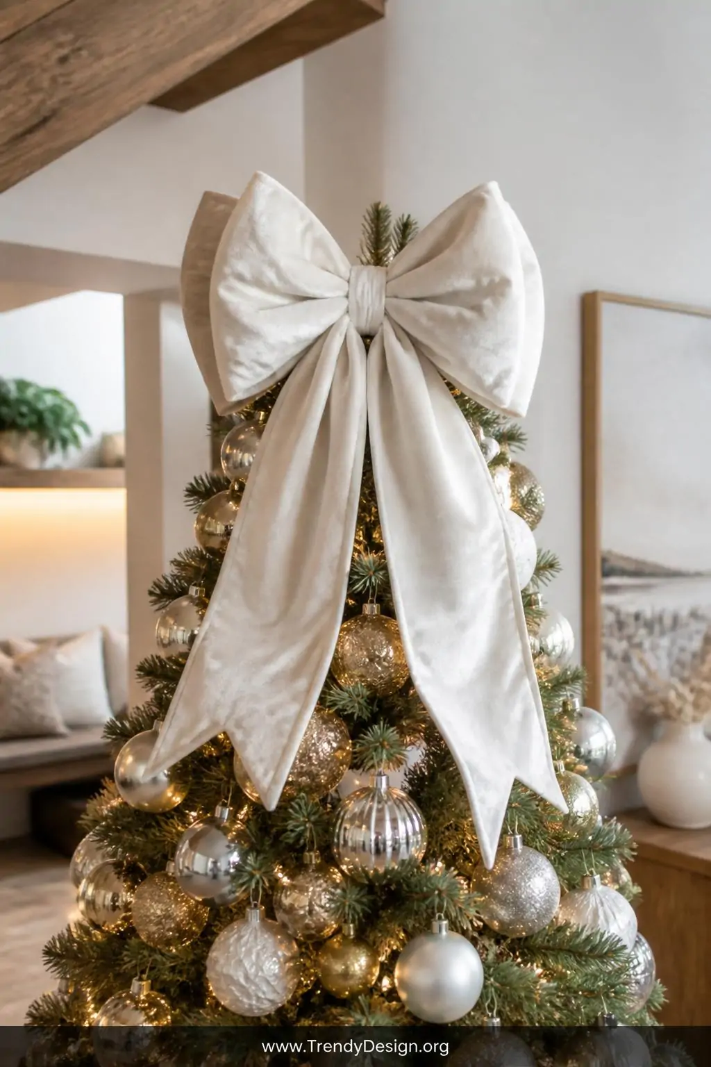 A photorealistic medium-shot of a lush Christmas tree top styled with an oversized sculptural white velvet bow topper with wi