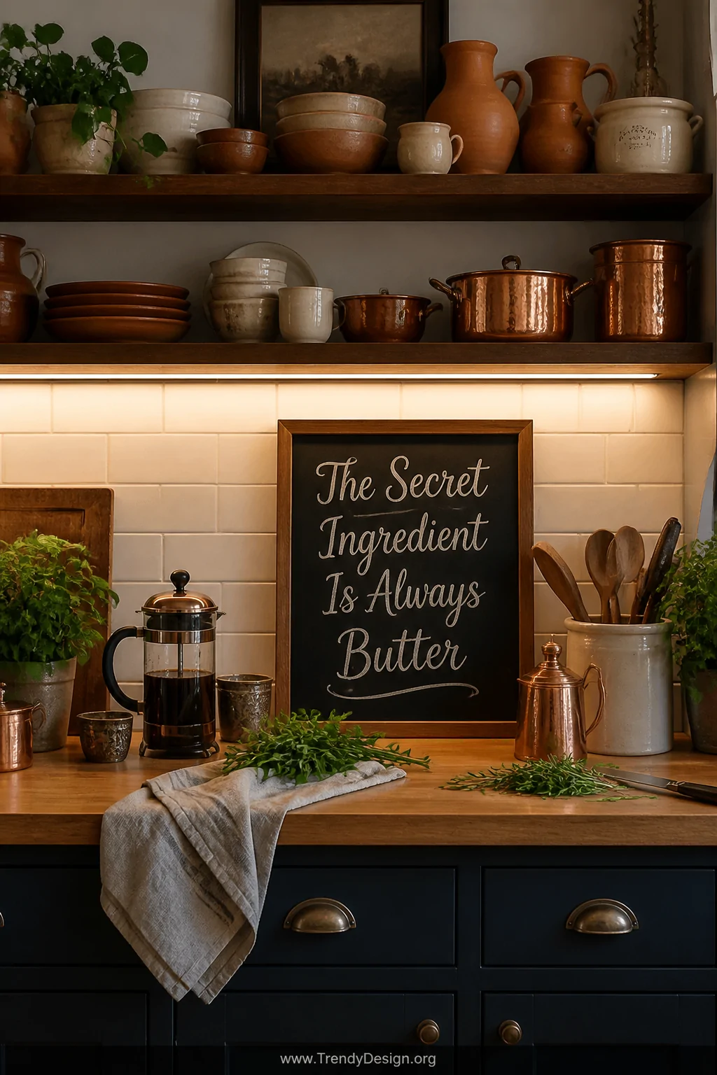 Medium shot of a lived-in kitchen featuring open shelving with terracotta and cream ceramics, a hand-lettered dark chalkboard