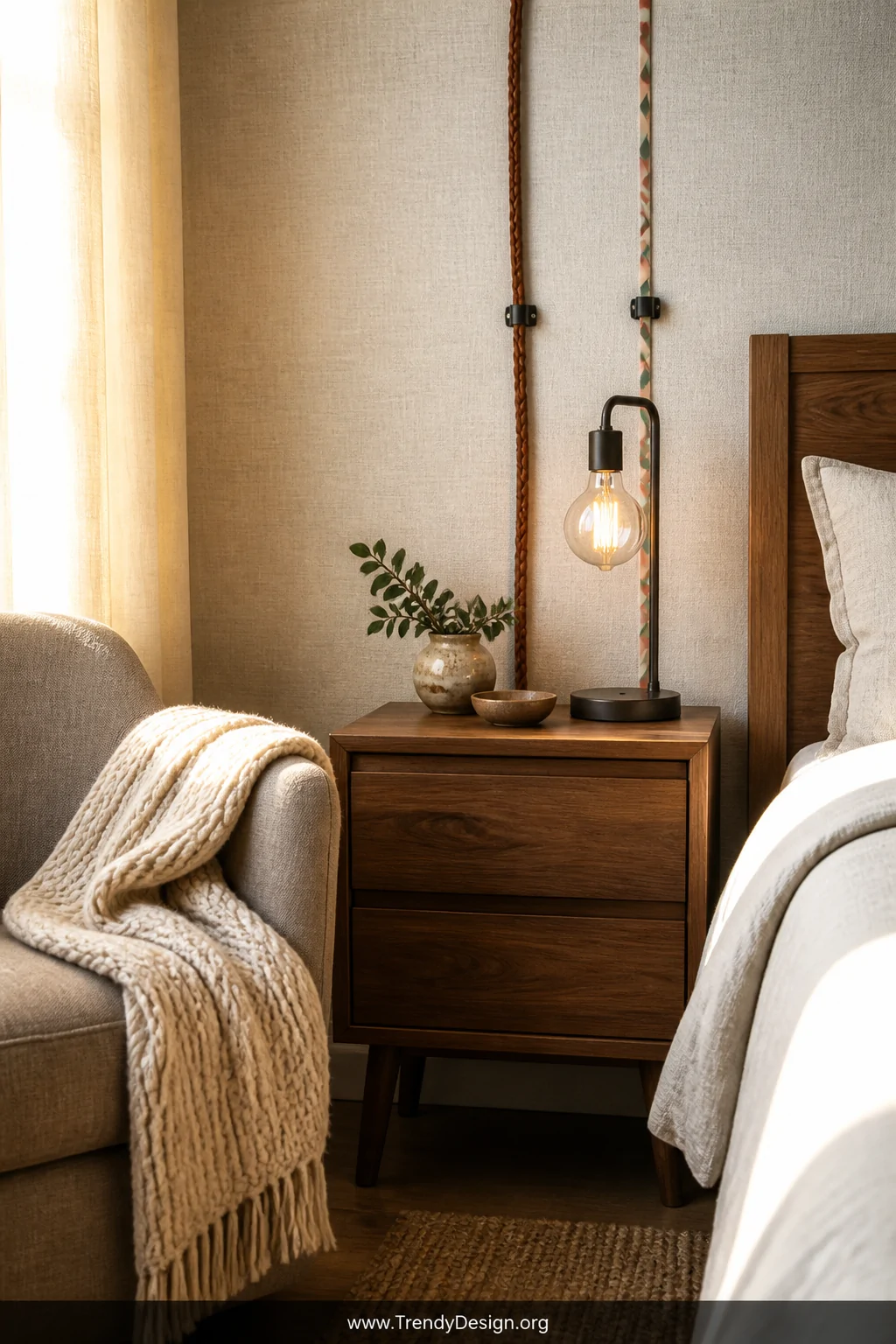 Medium shot of a rustic bedroom corner with a warm walnut nightstand and Edison bulb table lamp, a thick braided leather cord