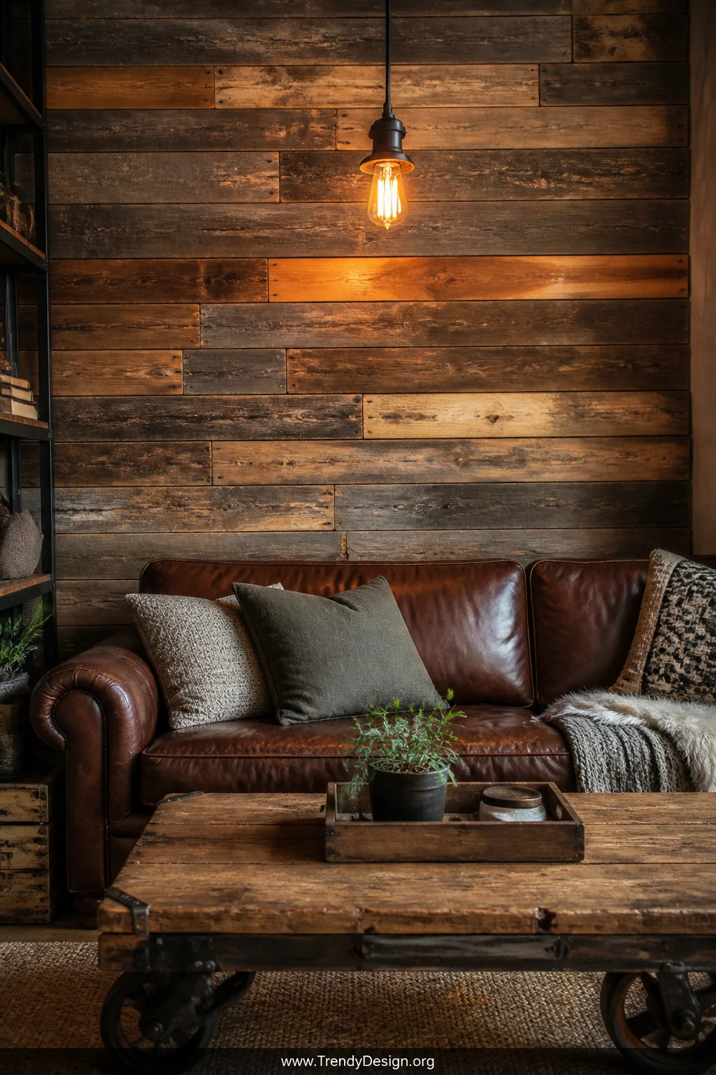 Medium shot of a living room feature wall covered in reclaimed barn wood planks with rich varied tones of grey, brown, and am