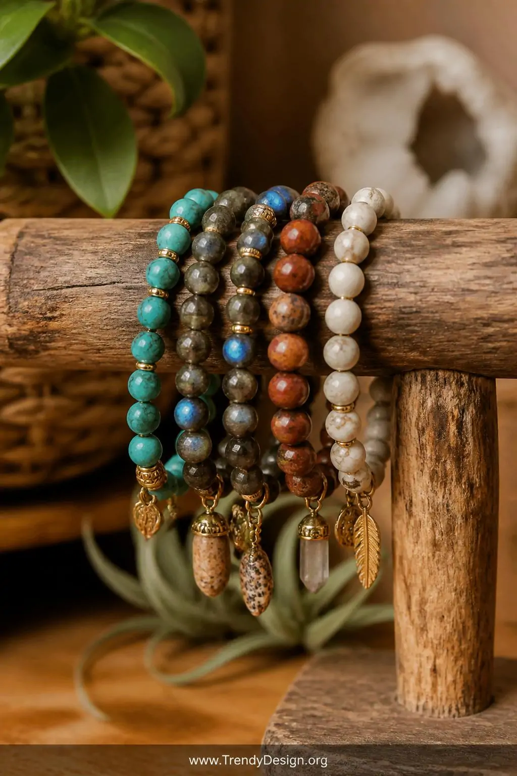 A photorealistic medium shot of five layered bohemian crystal bead bracelets draped artfully over a weathered natural wood je