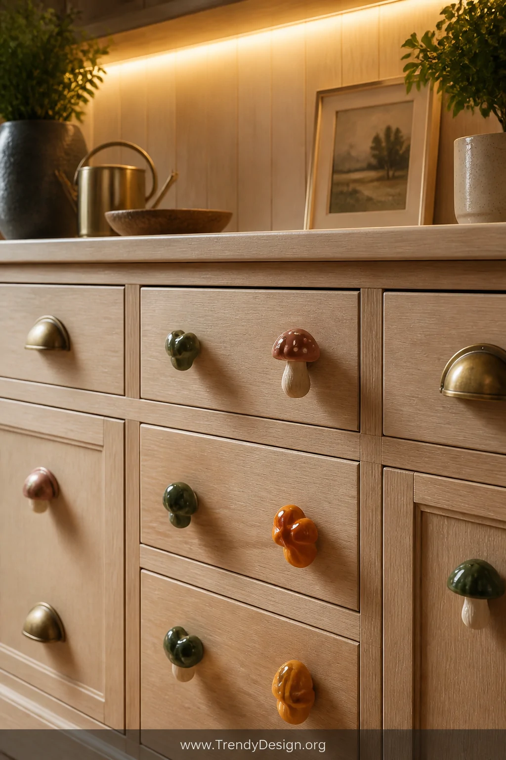 Medium closeup shot of a pale oak kitchen dresser with drawers fitted with handmade polymer clay knobs shaped like tiny mushr