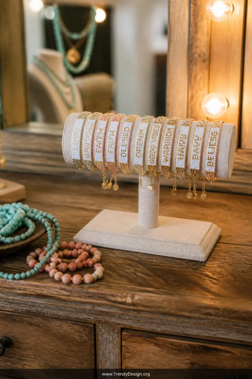 Medium closeup of a rustic wooden vanity dresser displaying a bracelet holder showcasing beaded friendship bracelets featurin