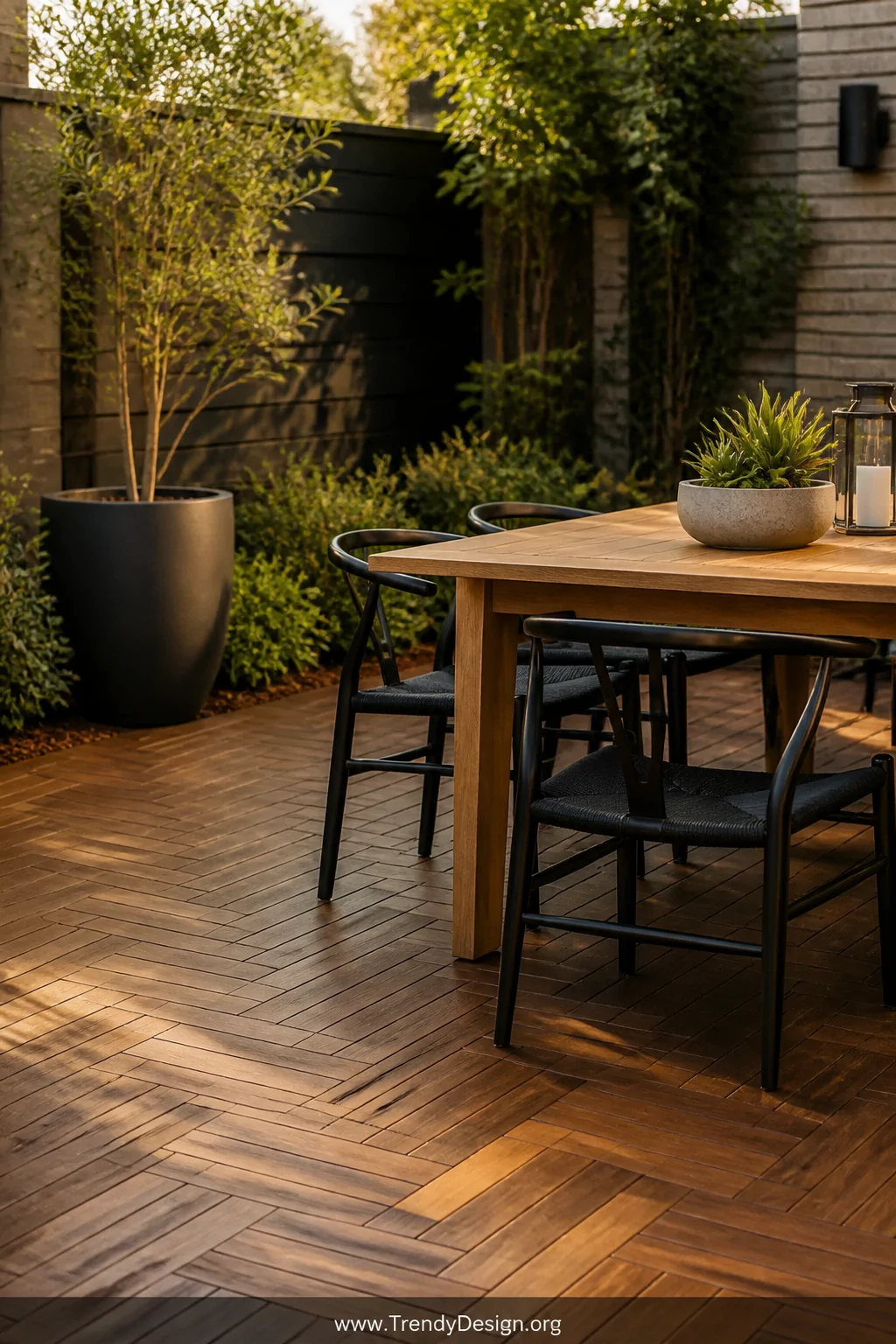 Medium shot of a sleek backyard patio surface covered in interlocking acacia wood deck tiles in warm honey-brown tones, arran