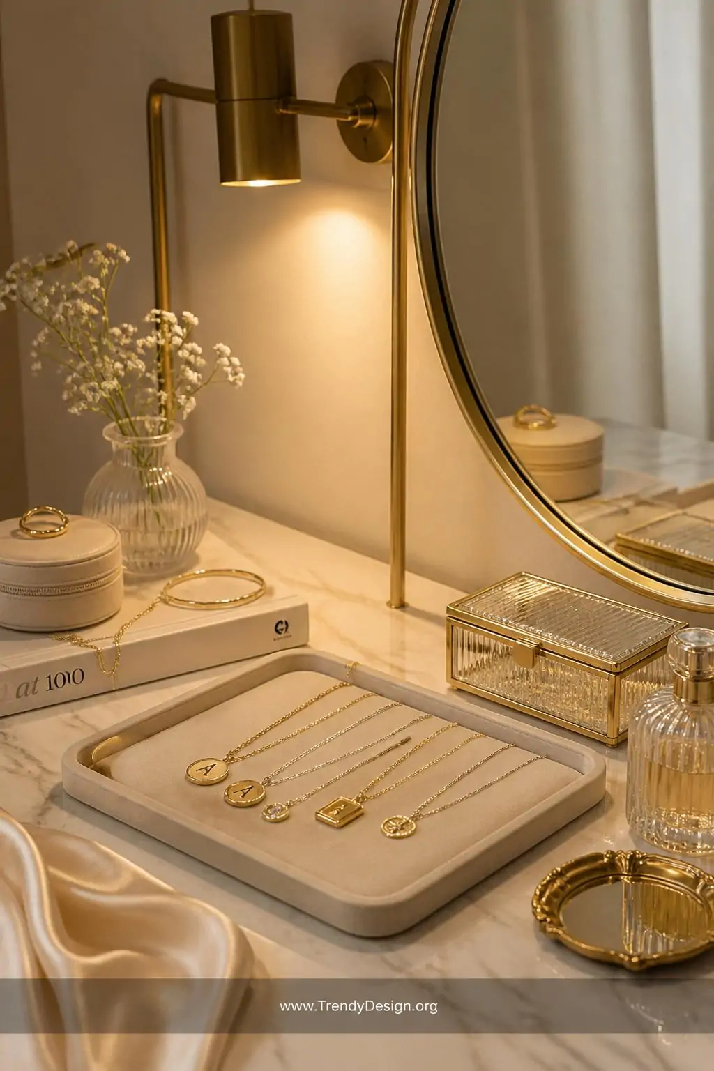 A medium-shot photorealistic interior design scene of an intimate vanity nook styled in soft ivory and warm gold tones, where