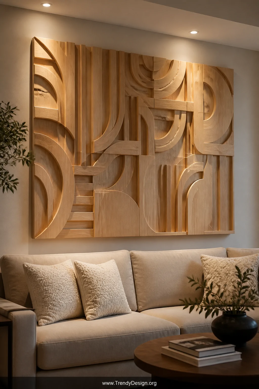 Medium shot of a sophisticated living room featuring a large CNC-engraved birch plywood wall panel with deep geometric patter