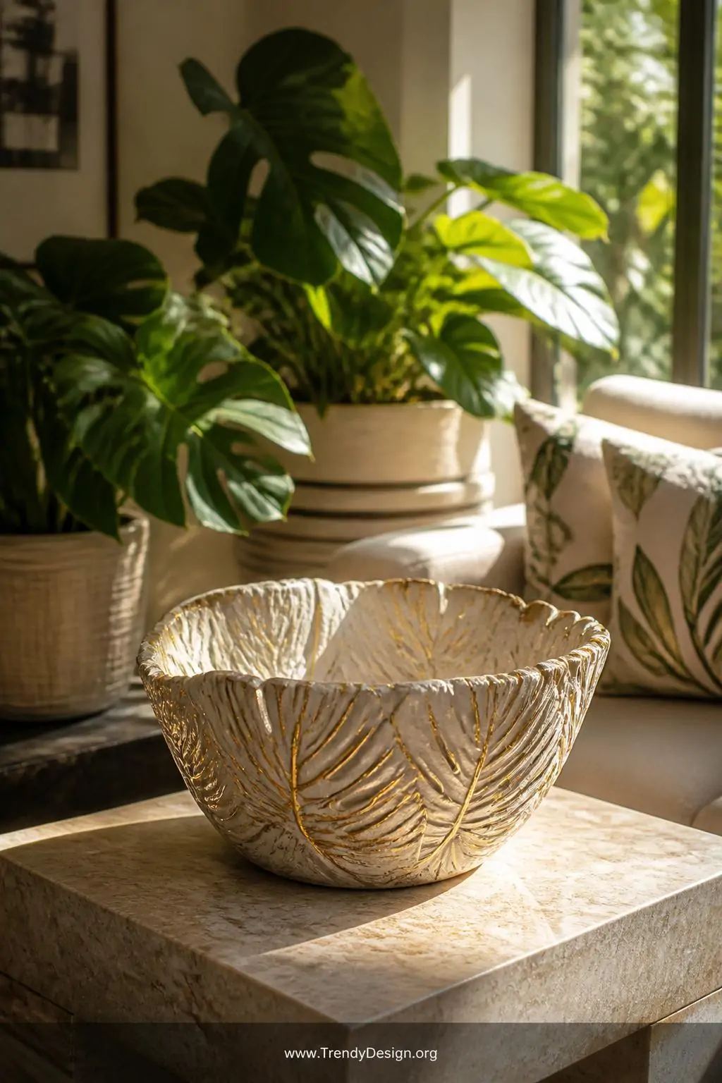 A medium shot of a stunning leaf-impression clay bowl displayed on a marble slab side table in a bright botanical-style livin