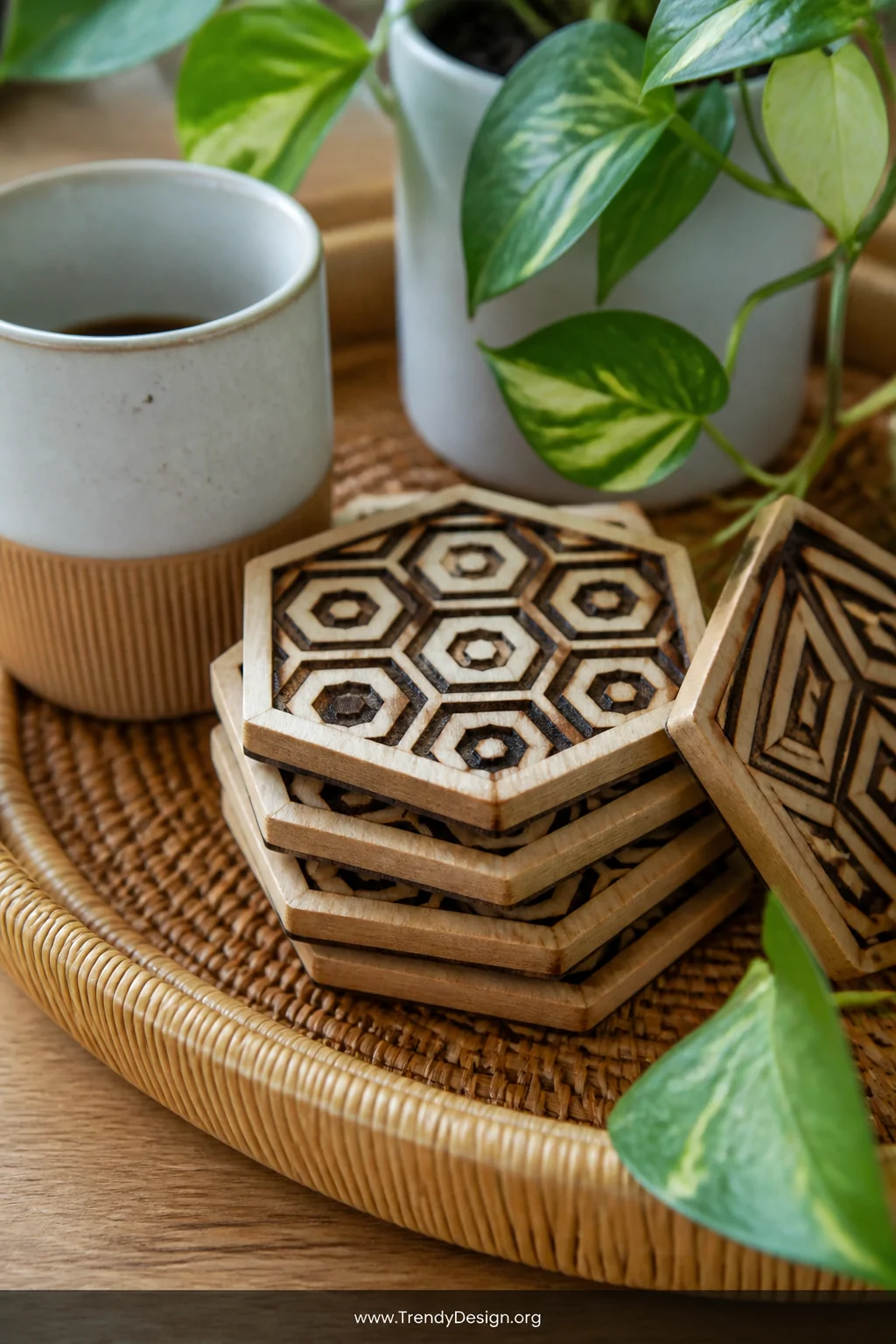 A styled bohemian coffee table closeup showing a neat stack of raw wood coasters with crisp burned geometric honeycomb and di