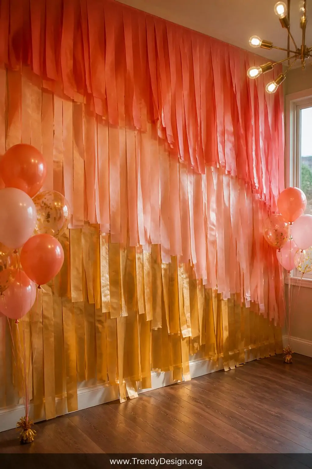 A medium-shot photorealistic interior design scene of a layered fringe texture wall created from three overlapping plastic ta