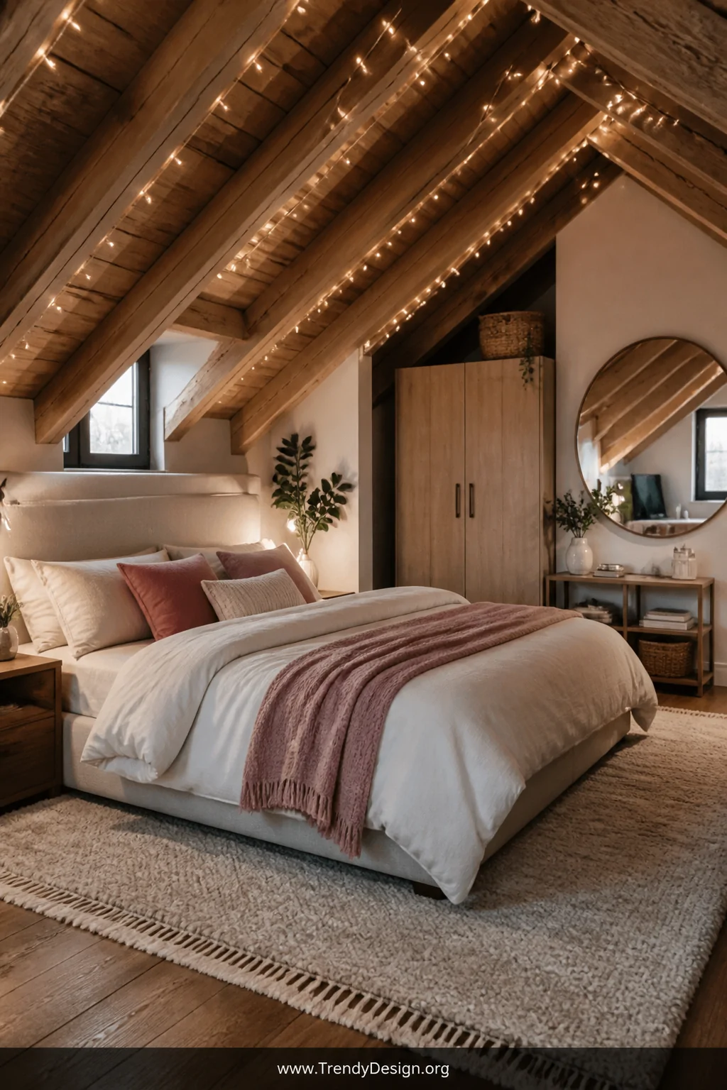 Medium photorealistic interior shot of a cozy attic guest bedroom with steeply sloped exposed wooden ceiling beams strung wit