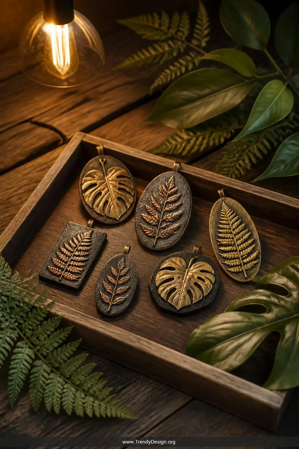 A medium shot of a rustic wooden tray holding botanical pressed polymer clay pendants with stunning fern frond and monstera l