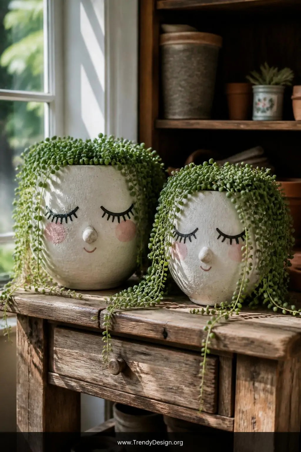 Medium shot of a rustic wooden potting bench holding two large clay face pots painted with sleepy closed eyes, long black las