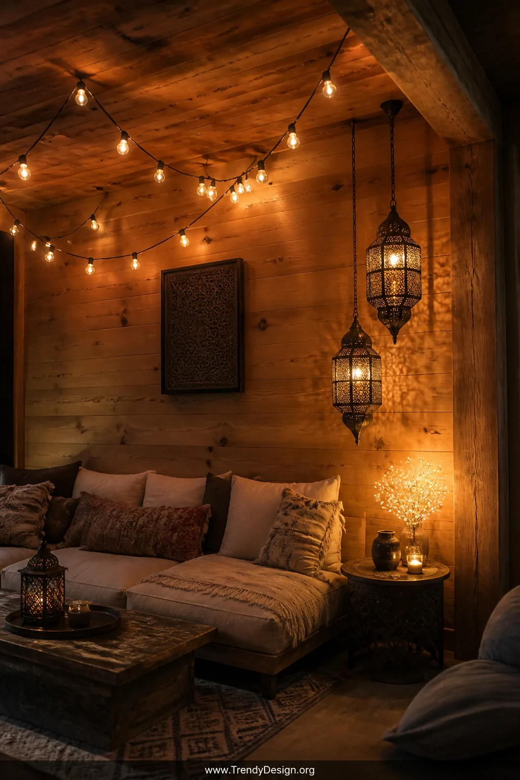 Warm Edison bulb string lights draped in loose swags across a raw wood plank ceiling glowing amber, two weathered brass Moroc