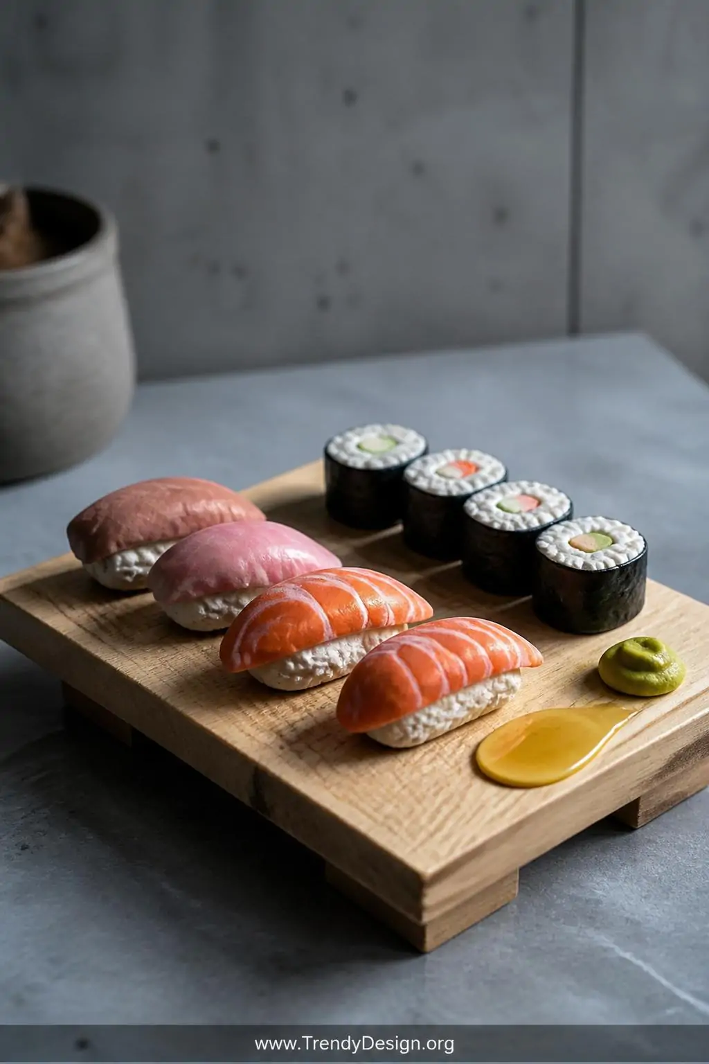 A medium shot of an artful arrangement of miniature clay sushi rolls displayed on a small rectangular wooden slab, the white 