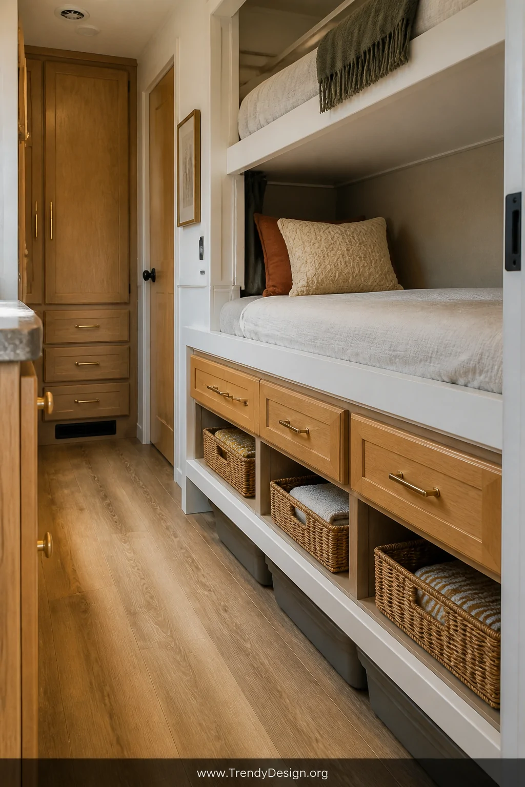 A medium-shot photorealistic interior of an RV bunk room floor level revealing beautifully crafted pull-out wooden drawers bu