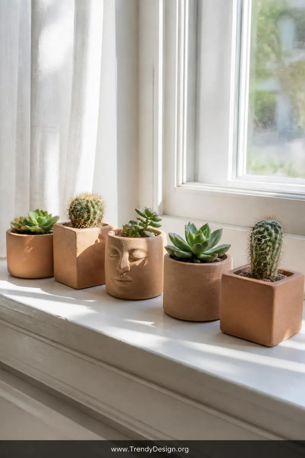 A medium shot of a sun-drenched windowsill displaying a collection of handmade clay succulent planters in cube and cylinder s