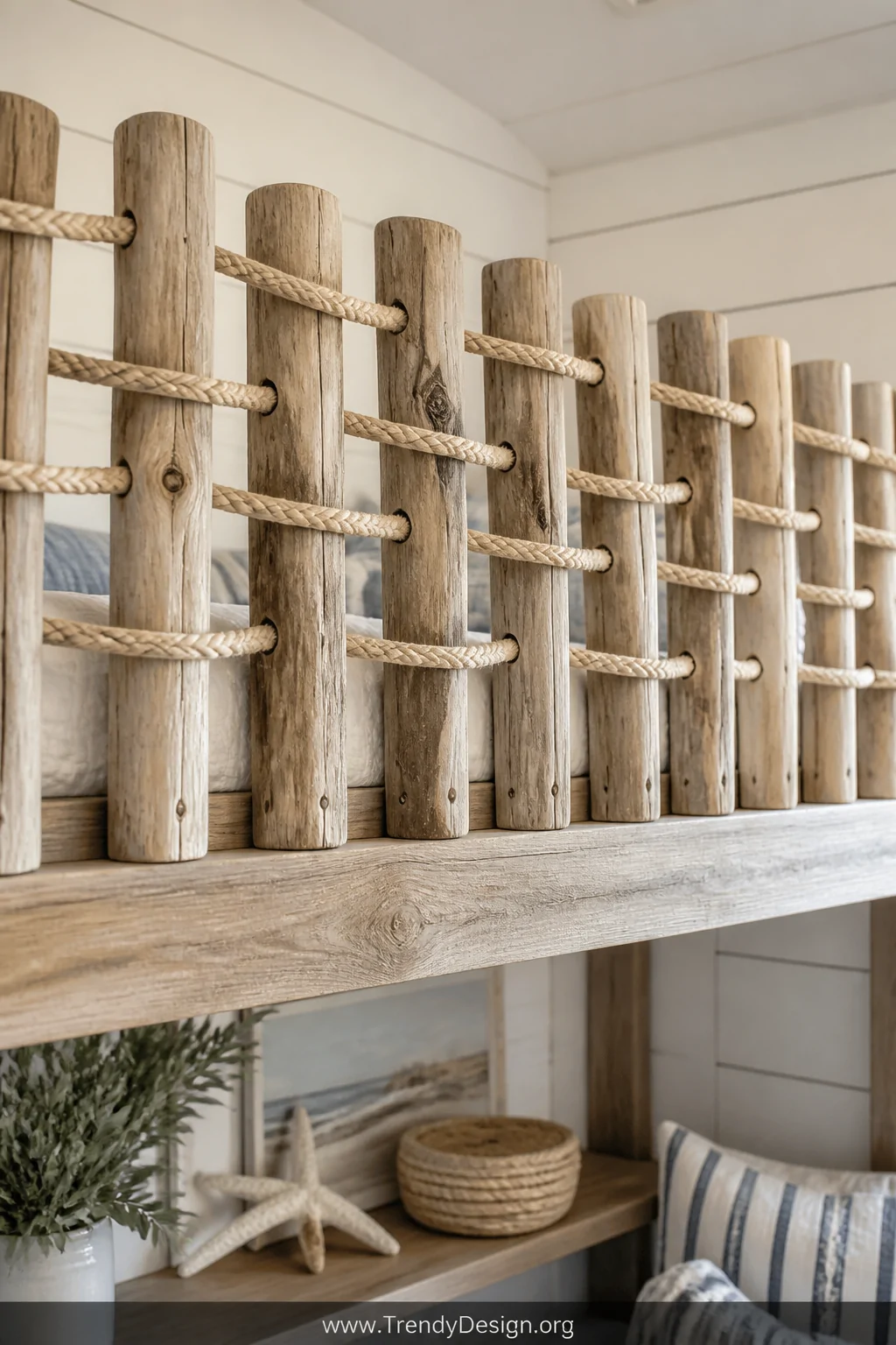 Medium shot of a coastal-themed bunk bed guard rail constructed from weathered driftwood vertical posts with thick braided na