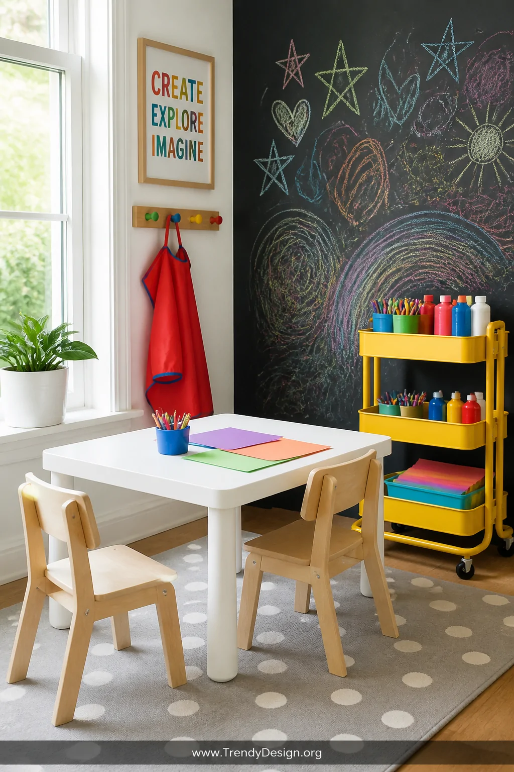 A cheerful toddler art station with a matte white easy-clean low table surrounded by two small birch wood chairs, a bright ye