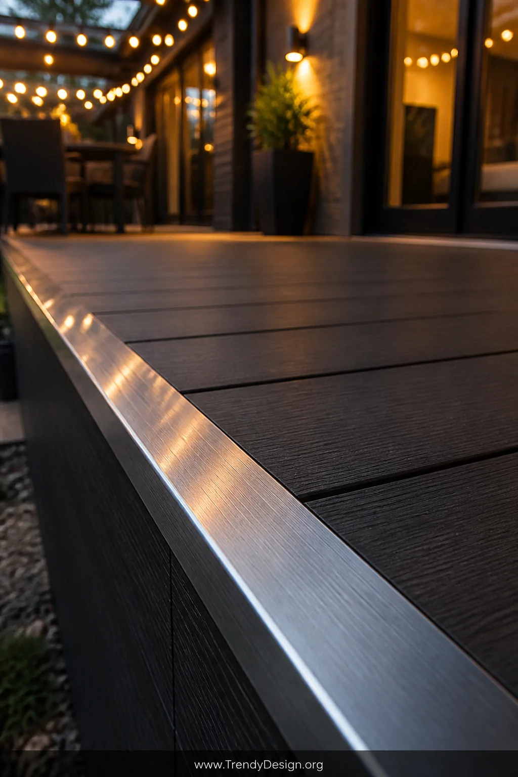 Close-up shot of razor-sharp aluminum edge trim running along a contemporary composite deck perimeter, brushed silver metalli