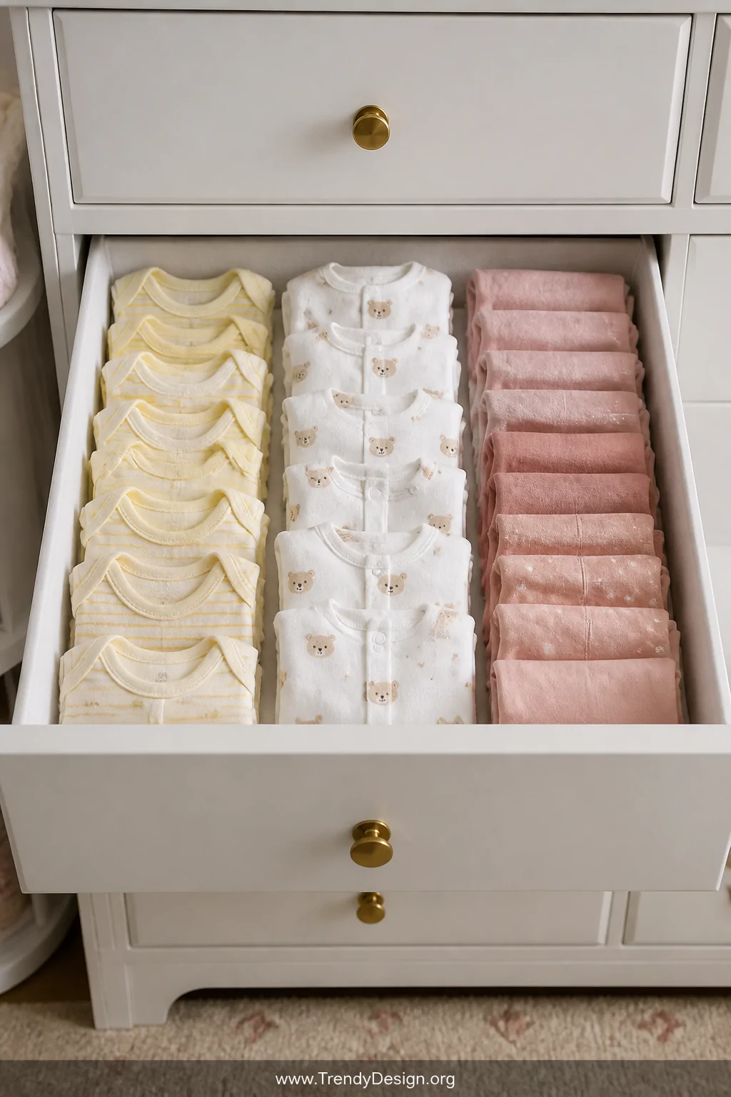 Medium closeup shot looking directly into an open dresser drawer lined with soft white cotton fabric, baby clothes file-folde