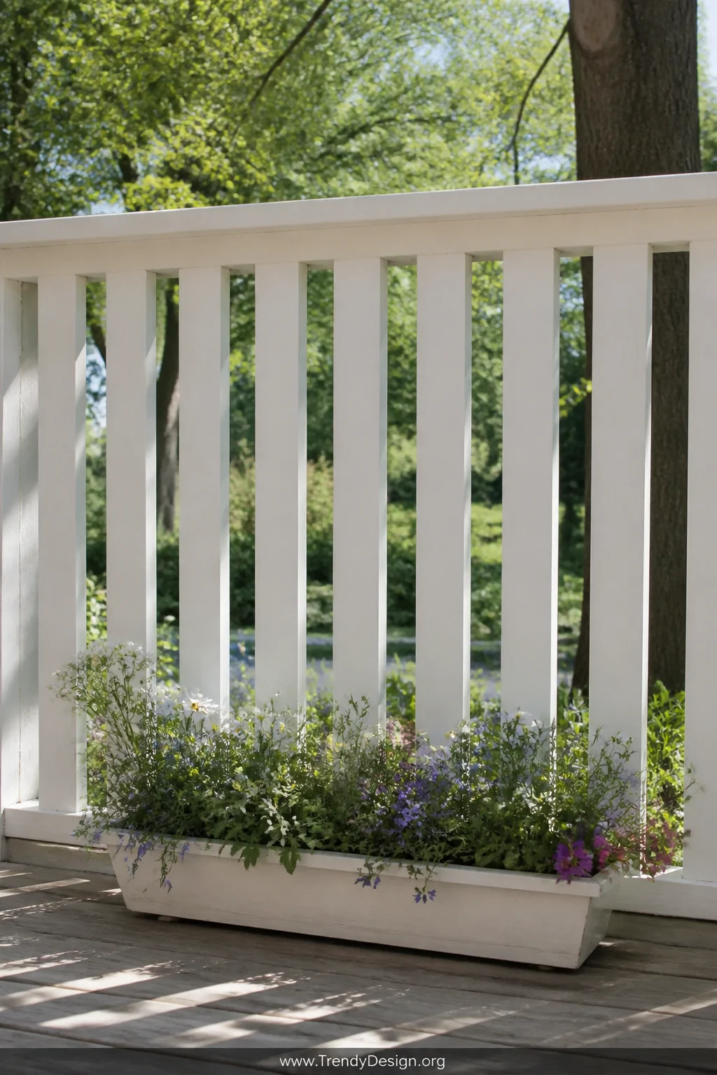 A medium photorealistic shot of a cottage-style deck railing featuring vertical pallet boards painted crisp white with flat-t
