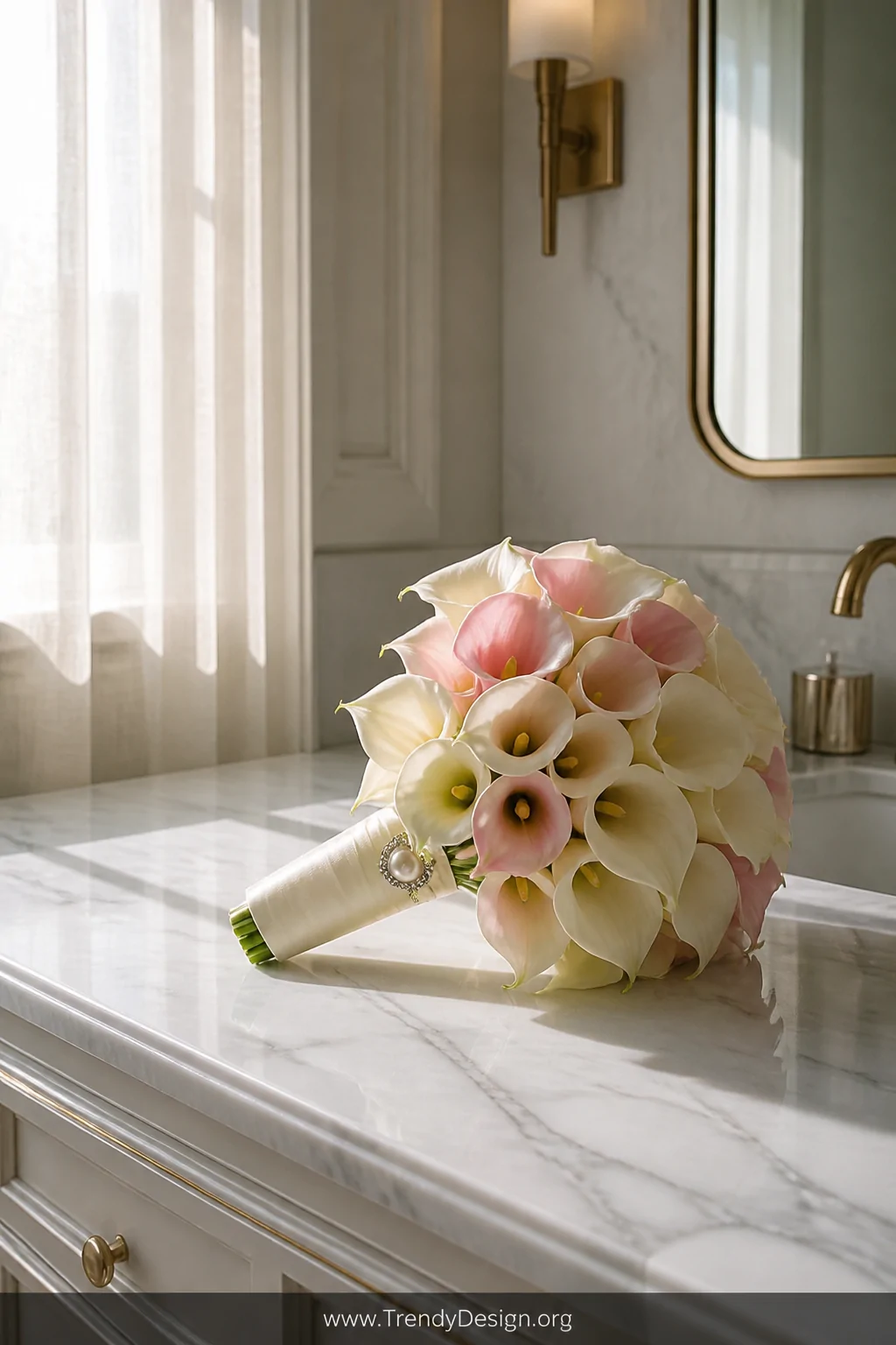 A tight circular posy of mini cream and blush calla lilies wrapped in soft ivory satin ribbon with a single pearl brooch pin 