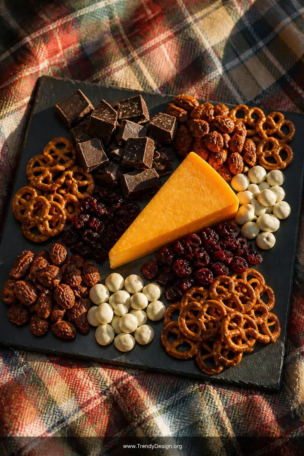 A medium overhead shot of a flat slate board spread across a plaid wool camp blanket in warm afternoon golden light, covered 