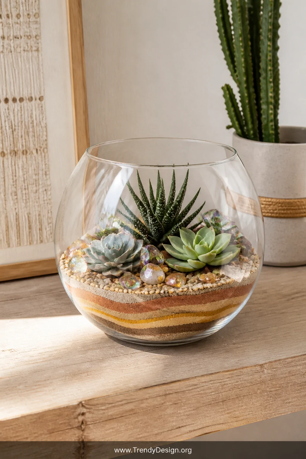 Medium shot of an open-top glass fish bowl terrarium on a sun-bleached wooden shelf, filled with visible striped layers of wa