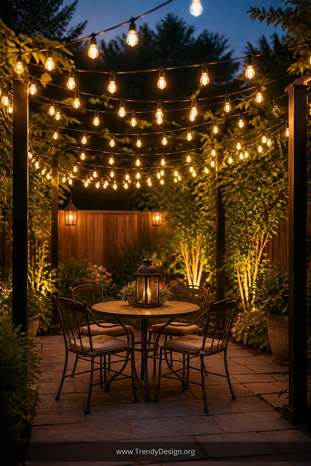 Medium shot of a patio string light canopy at dusk where dozens of warm white Edison bulbs crisscross overhead between dark m