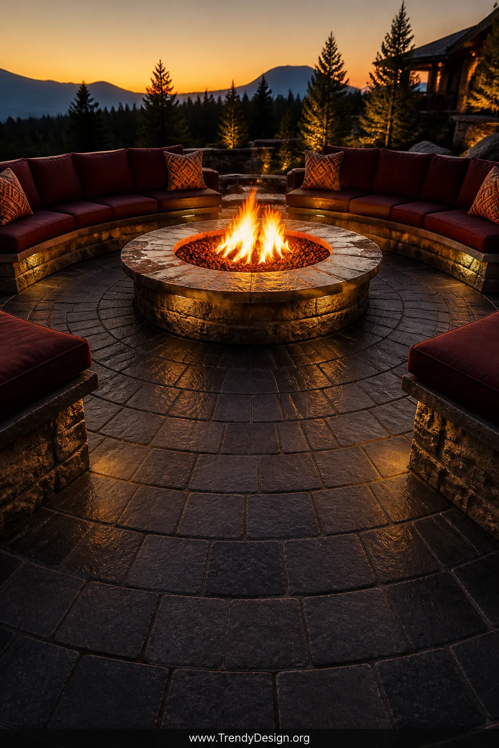A medium photorealistic shot of a circular fire pit patio at golden hour, uniform charcoal fieldstone pavers forming a perfec