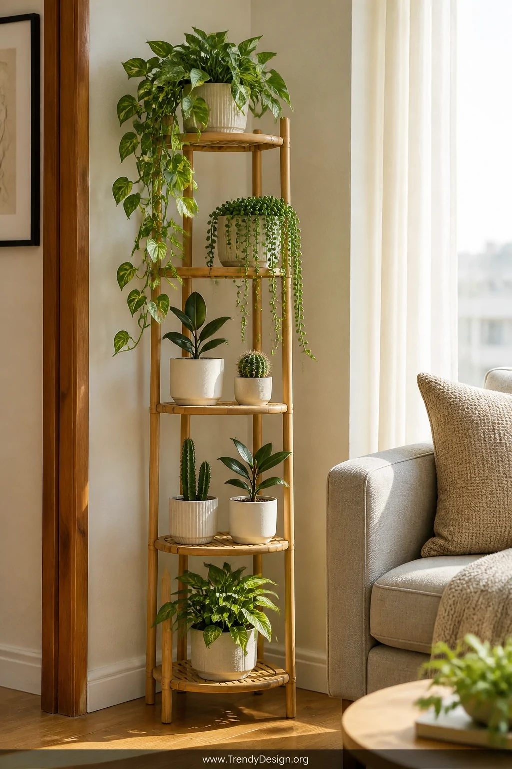 A slender five-tier bamboo plant stand tucked into a sunlit apartment corner beside a linen-upholstered sofa, holding an artf
