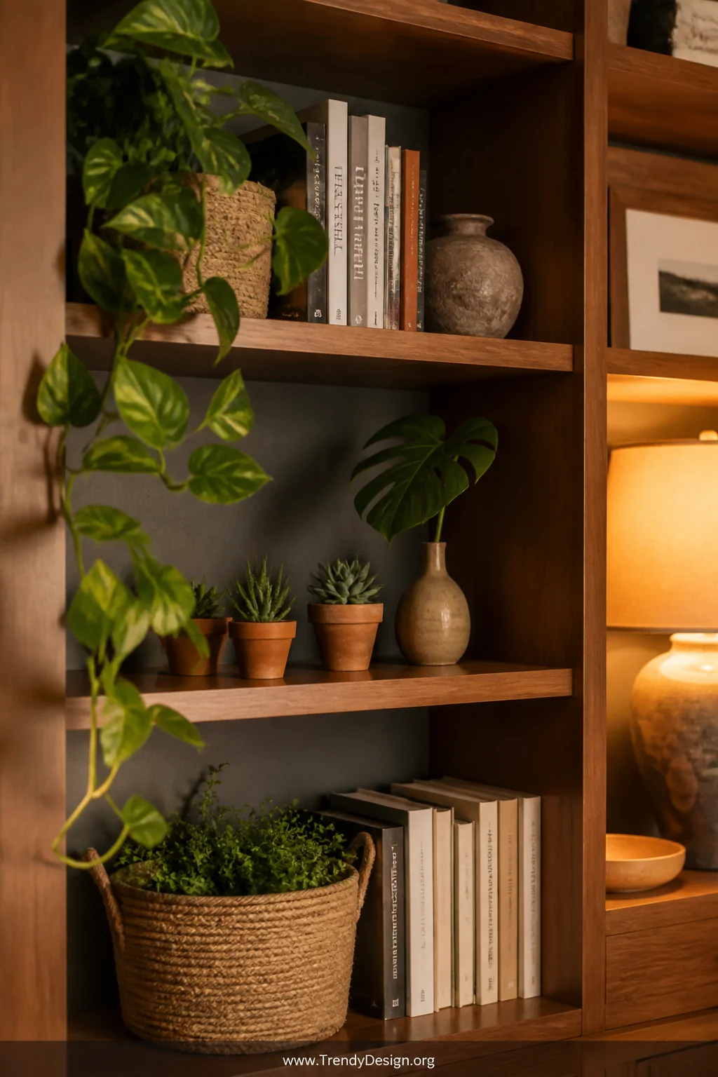 Medium shot of a beautifully styled wooden bookshelf displaying trailing faux pothos draping over the edge, tiny terracotta s