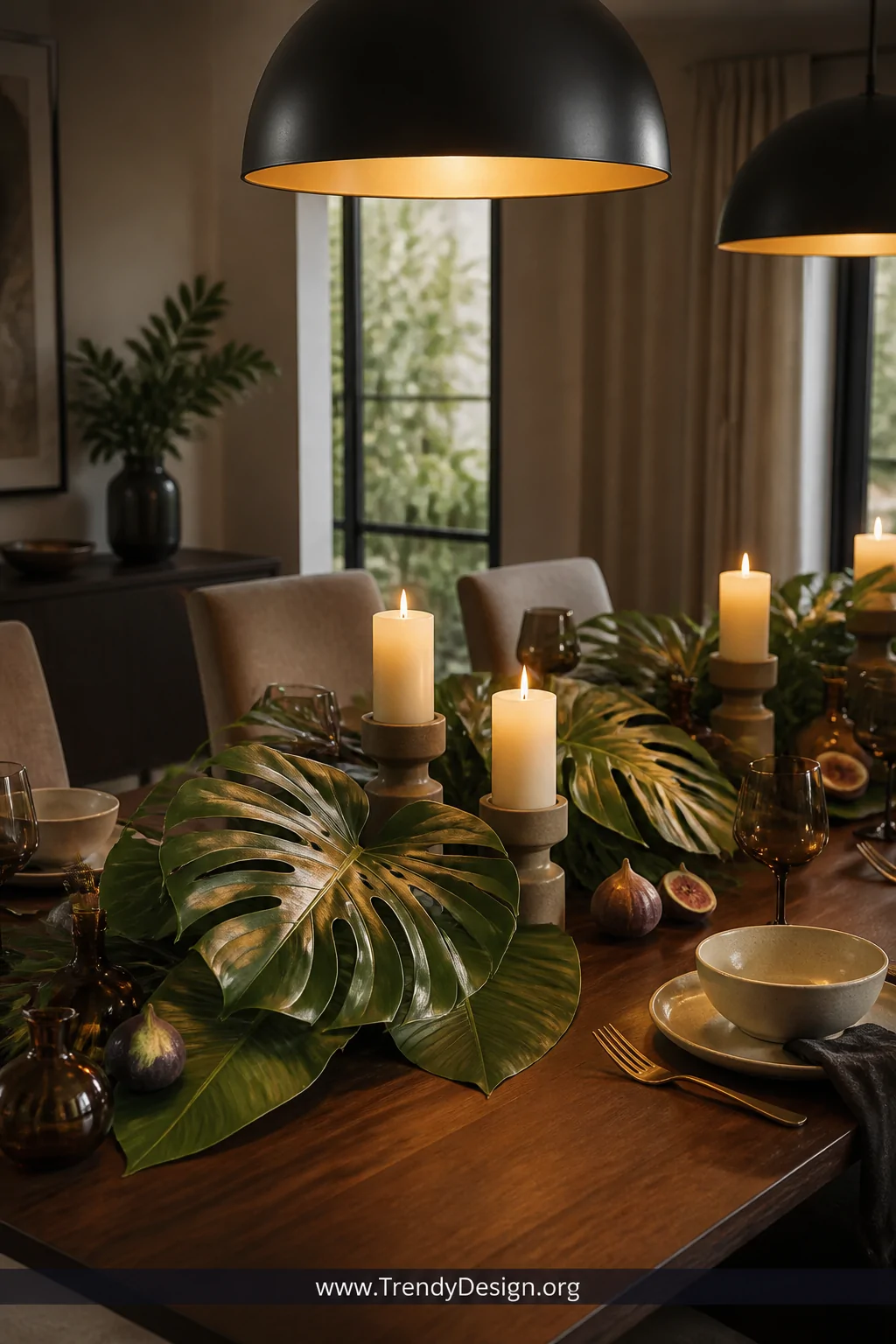 A photorealistic medium shot of an elegant dining table styled with a luxurious centerpiece runner of oversized artificial mo