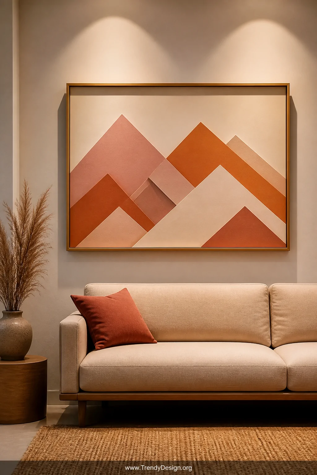 Medium shot of a framed geometric mountain range artwork hung above a low-profile sand-colored linen sofa, with precisely cut