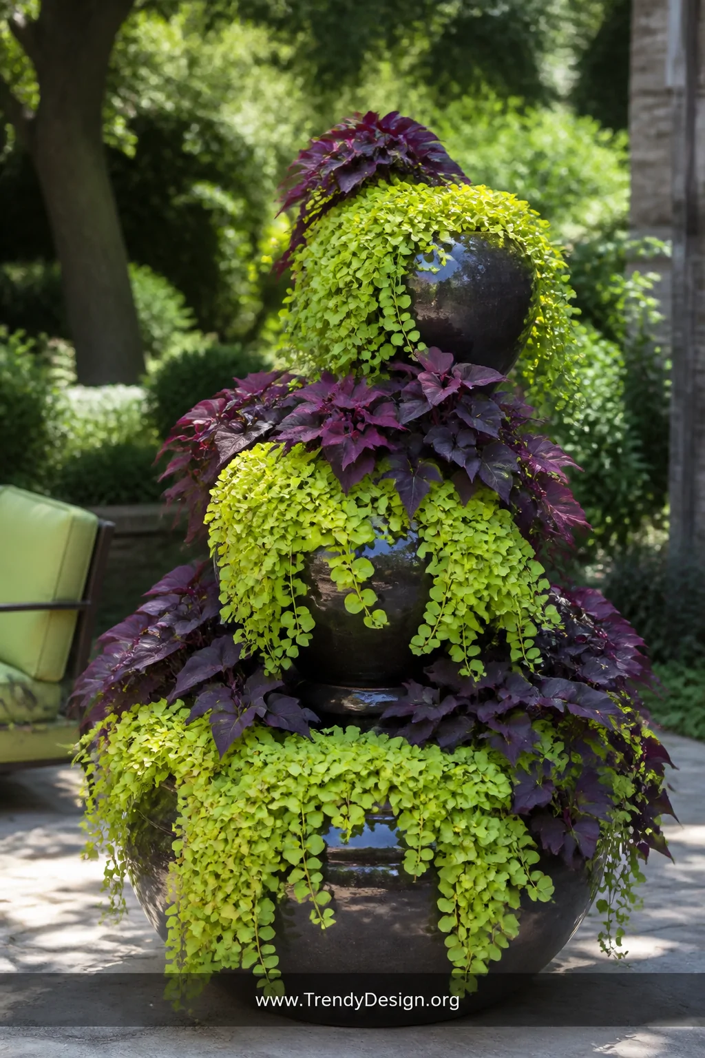 A photorealistic medium shot of a dramatic tiered garden focal point featuring three stacked ceramic pots in descending sizes