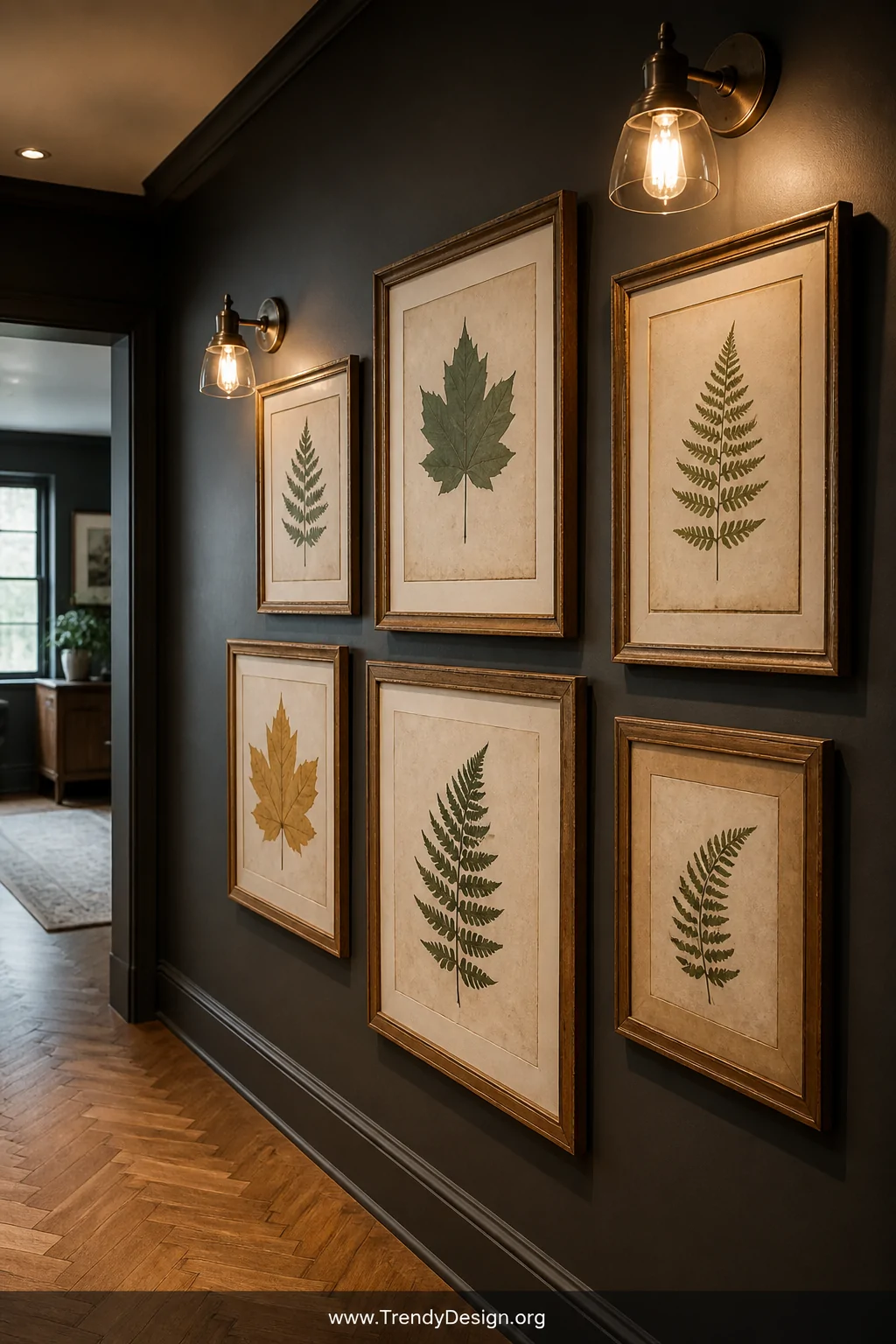 Medium shot of a narrow hallway gallery wall displaying six mismatched antique gold and raw wood frames containing botanical 