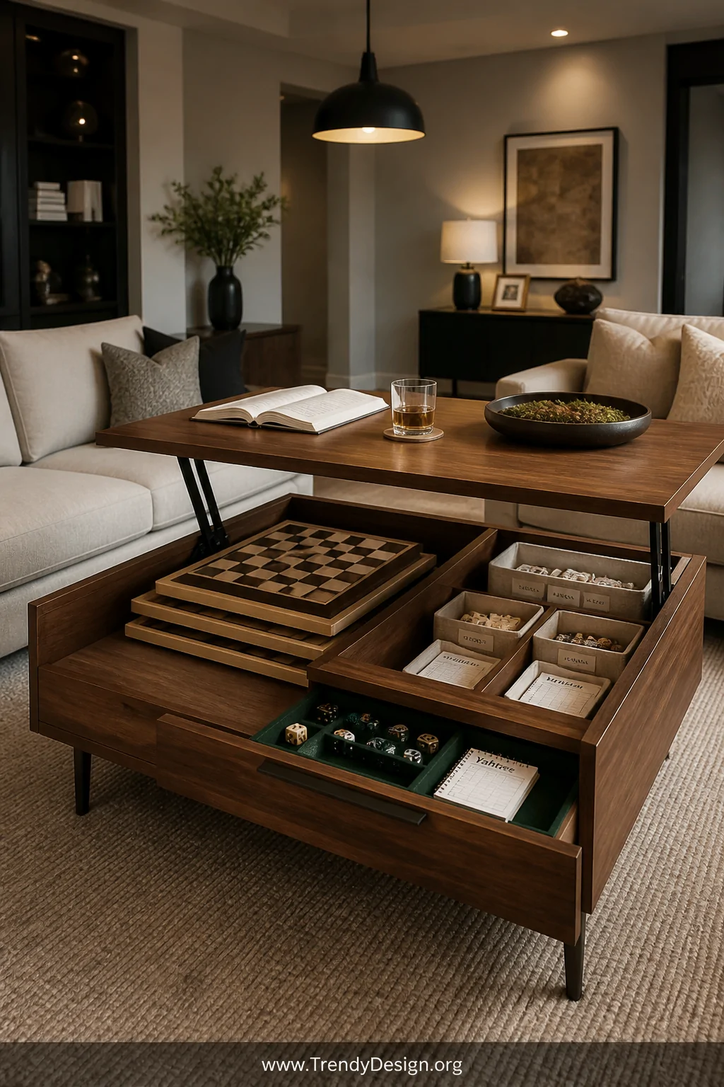 A medium-shot photorealistic interior of a sophisticated living room featuring a walnut-finish lift-top coffee table with its
