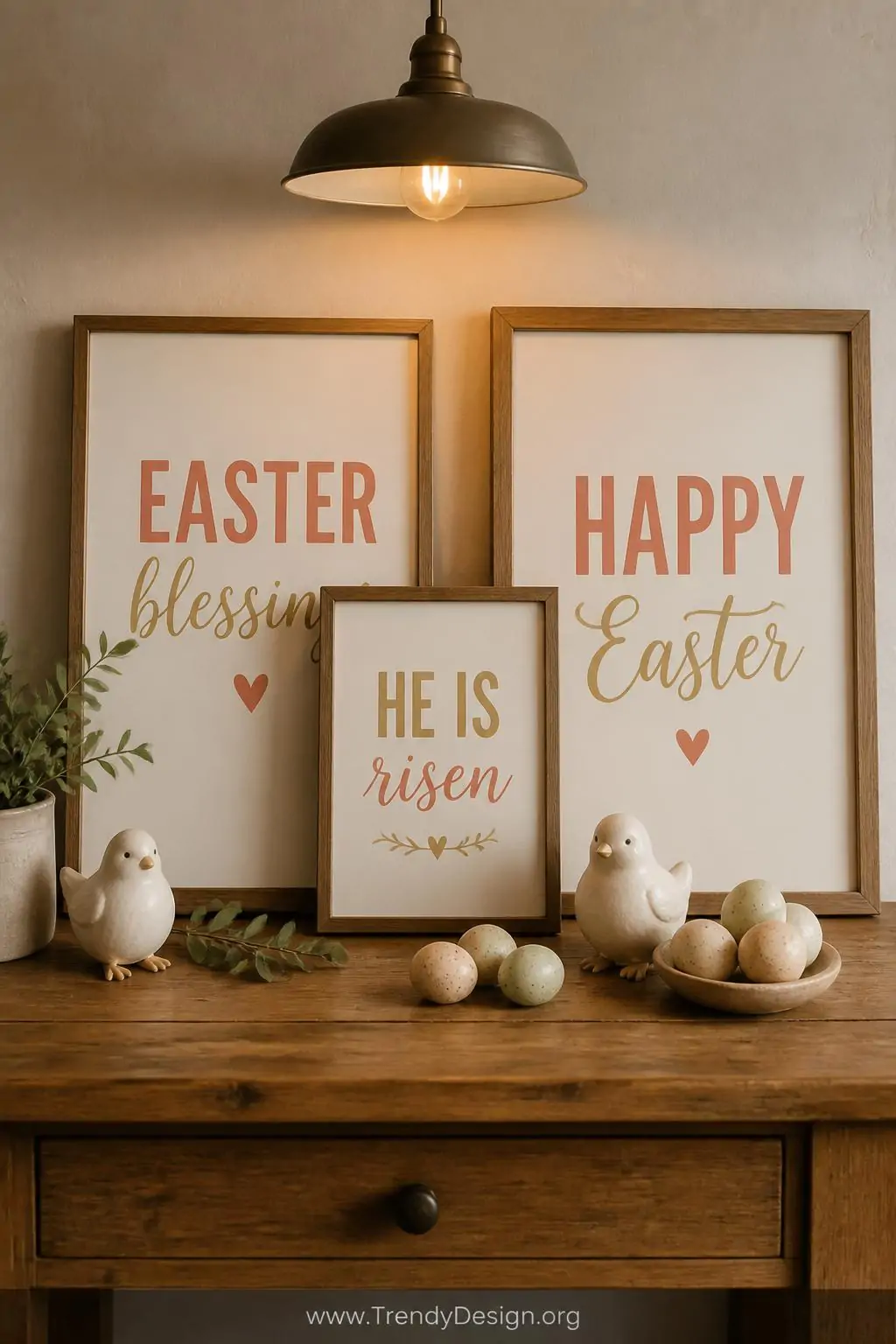 A medium-shot styled flat lay on a warm oak farmhouse table showing layered typography art prints propped against a cream pla