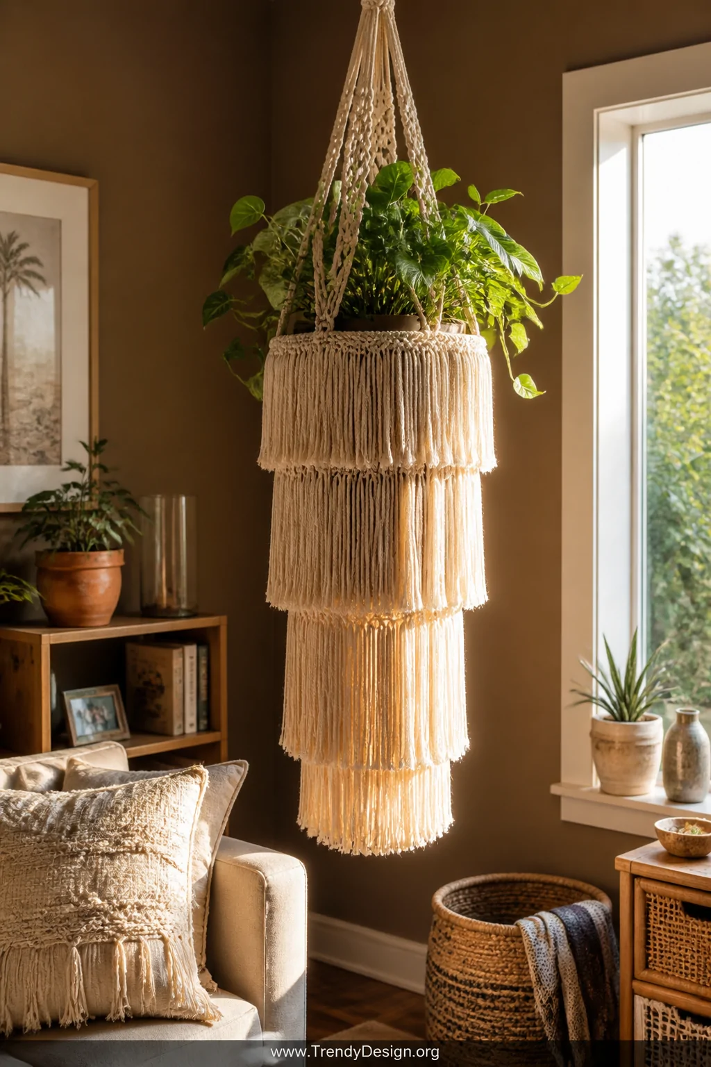 A medium shot of a boho living room corner featuring a large layered fringe macrame plant hanger with long brushed-out cream 