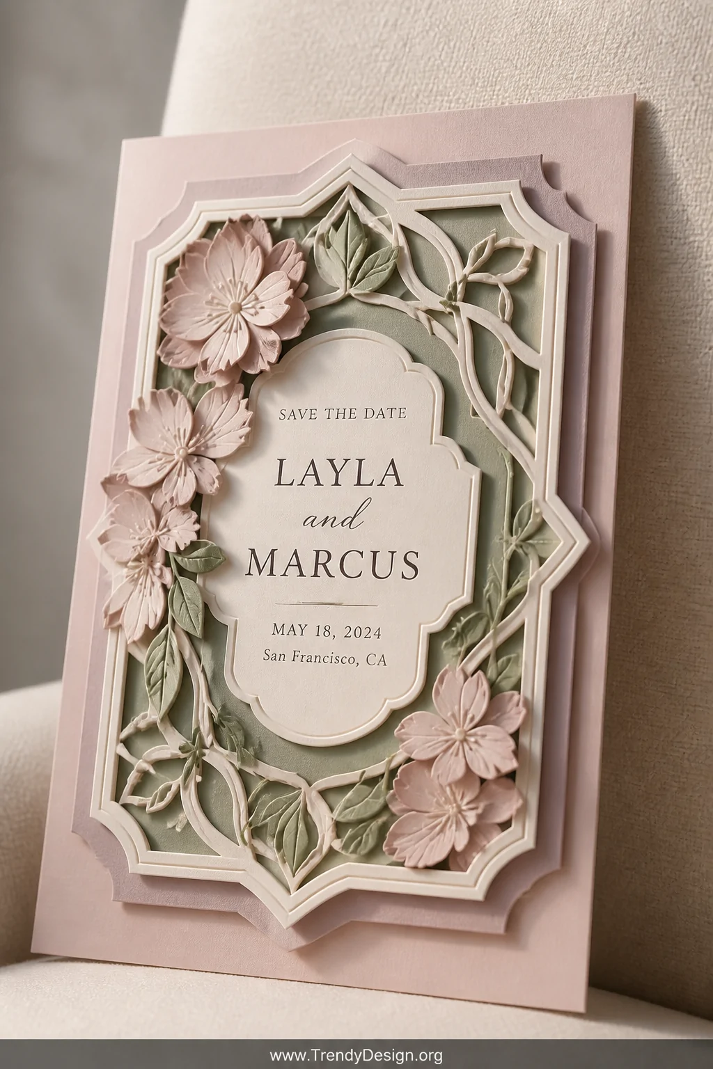 A close-up medium shot captures a sculptural layered cardstock save-the-date card propped against a pale linen surface, revea
