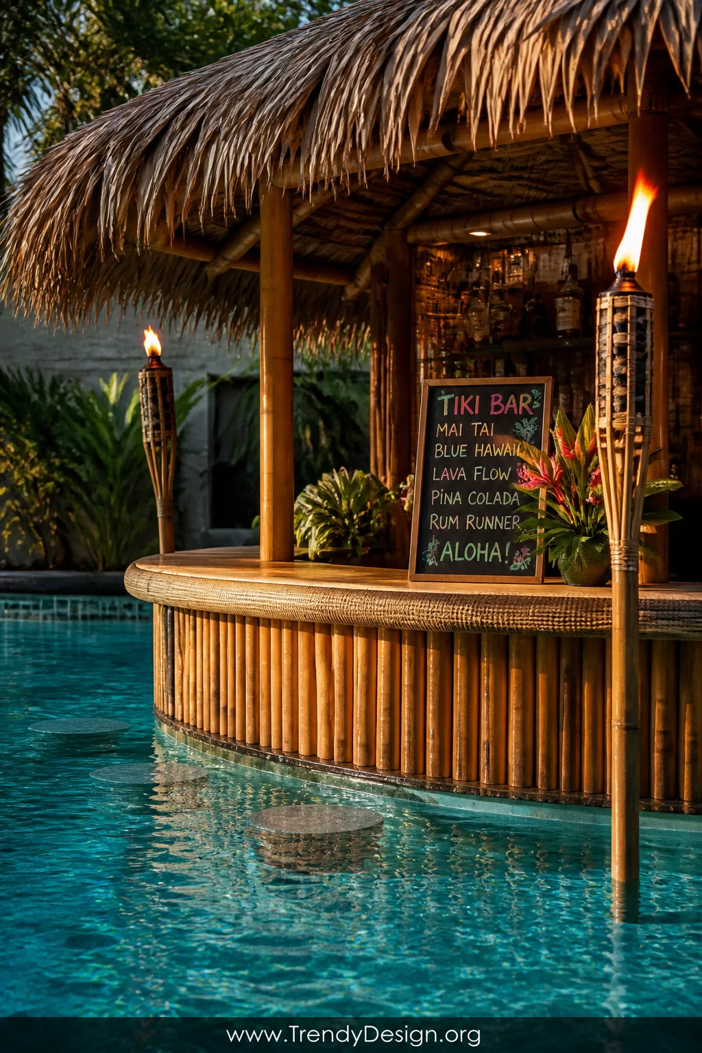 A lush swim-up tiki bar ledge photographed at medium distance, featuring bamboo panel siding in warm caramel tones, a faux th