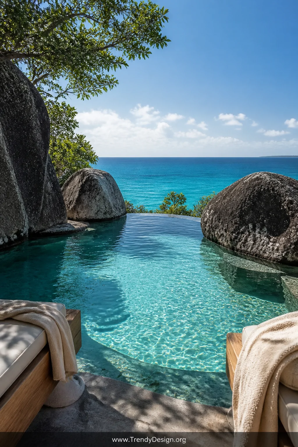 Photorealistic medium shot of Six Senses Zil Pasyon's clifftop infinity pool carved organically into dark volcanic granite bo