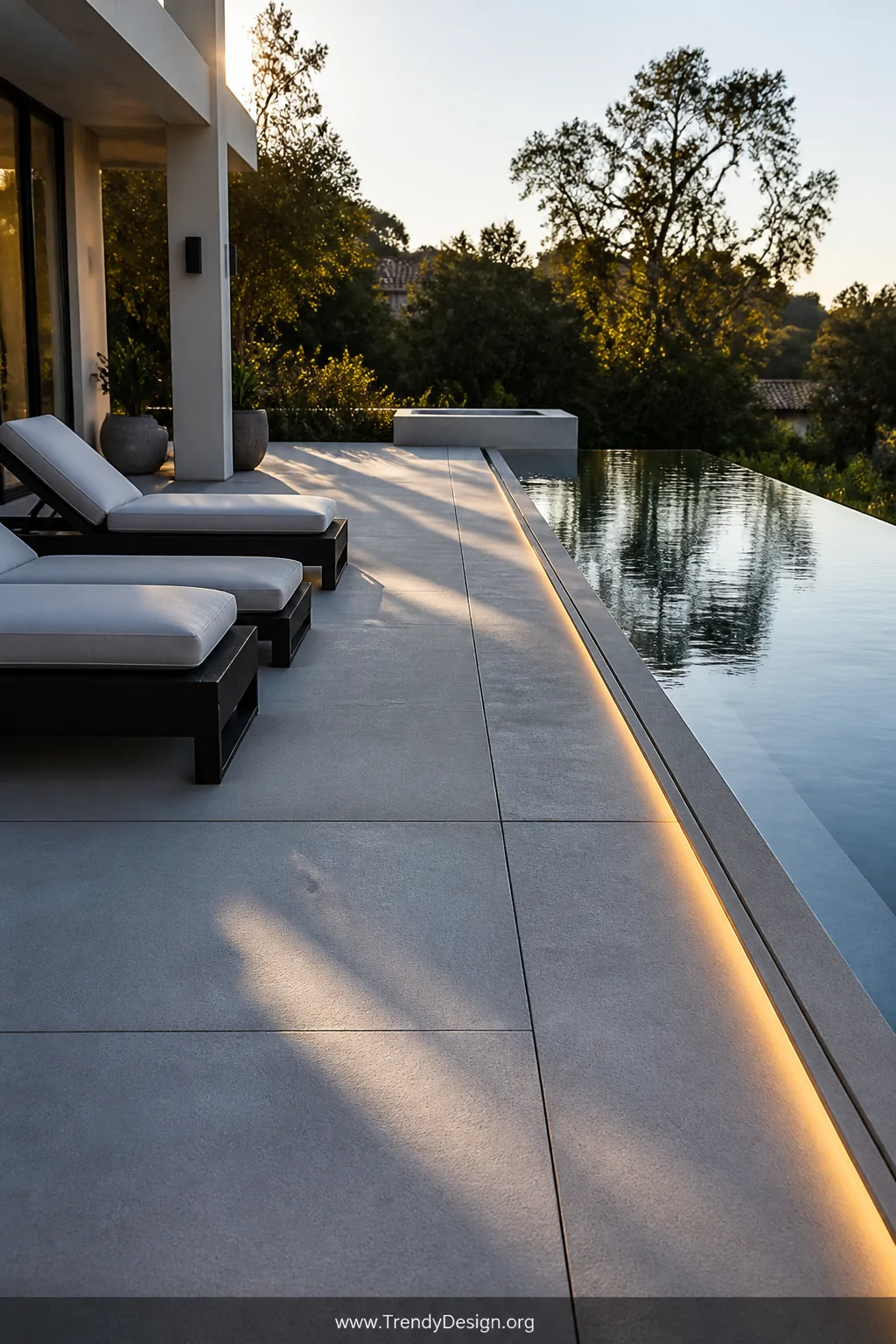 Medium photorealistic shot of a sleek modern backyard pool surround in brushed light-grey concrete with precise broom-finish 
