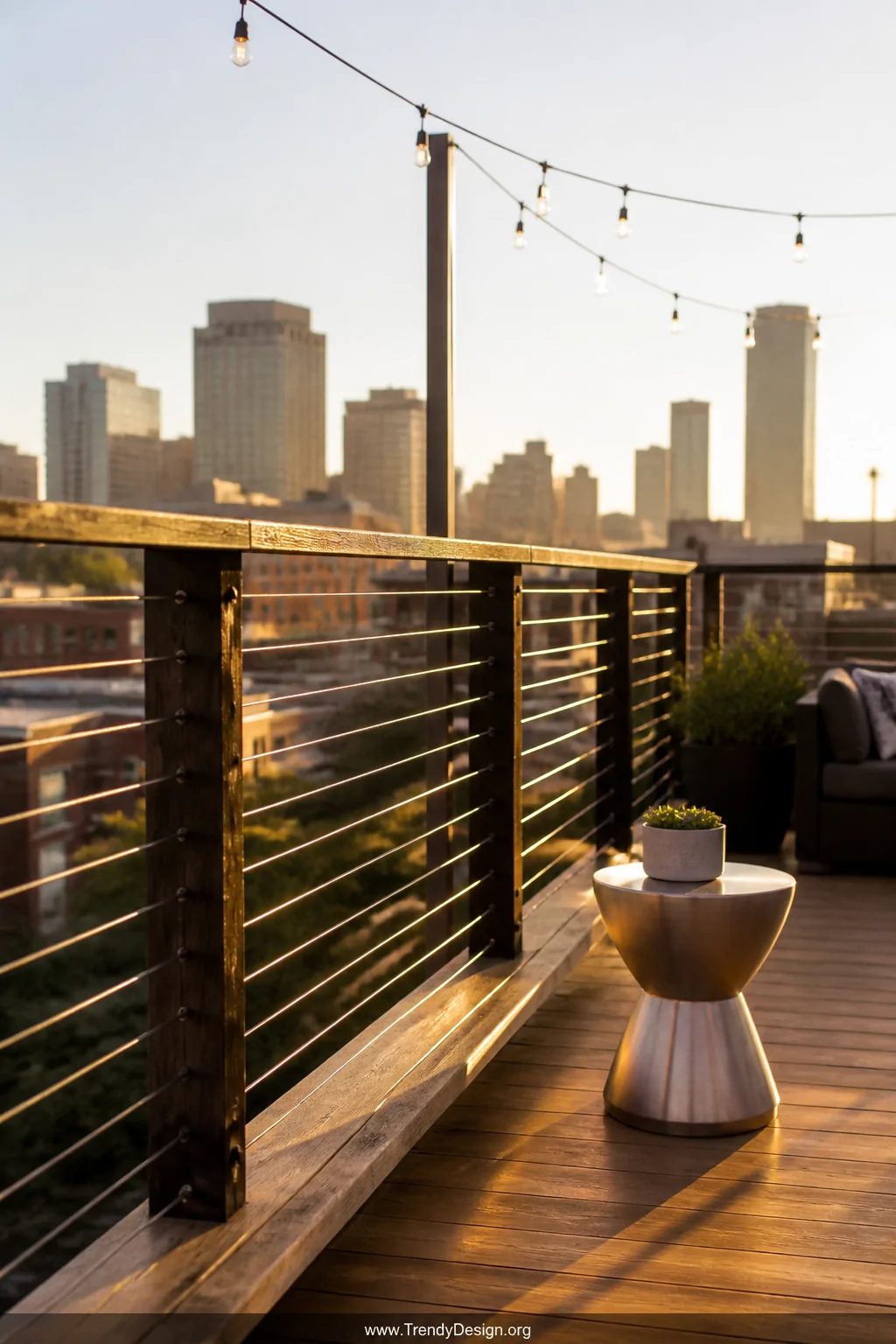 Medium photorealistic shot of an urban rooftop terrace with horizontal stainless steel cable railings strung tightly between 