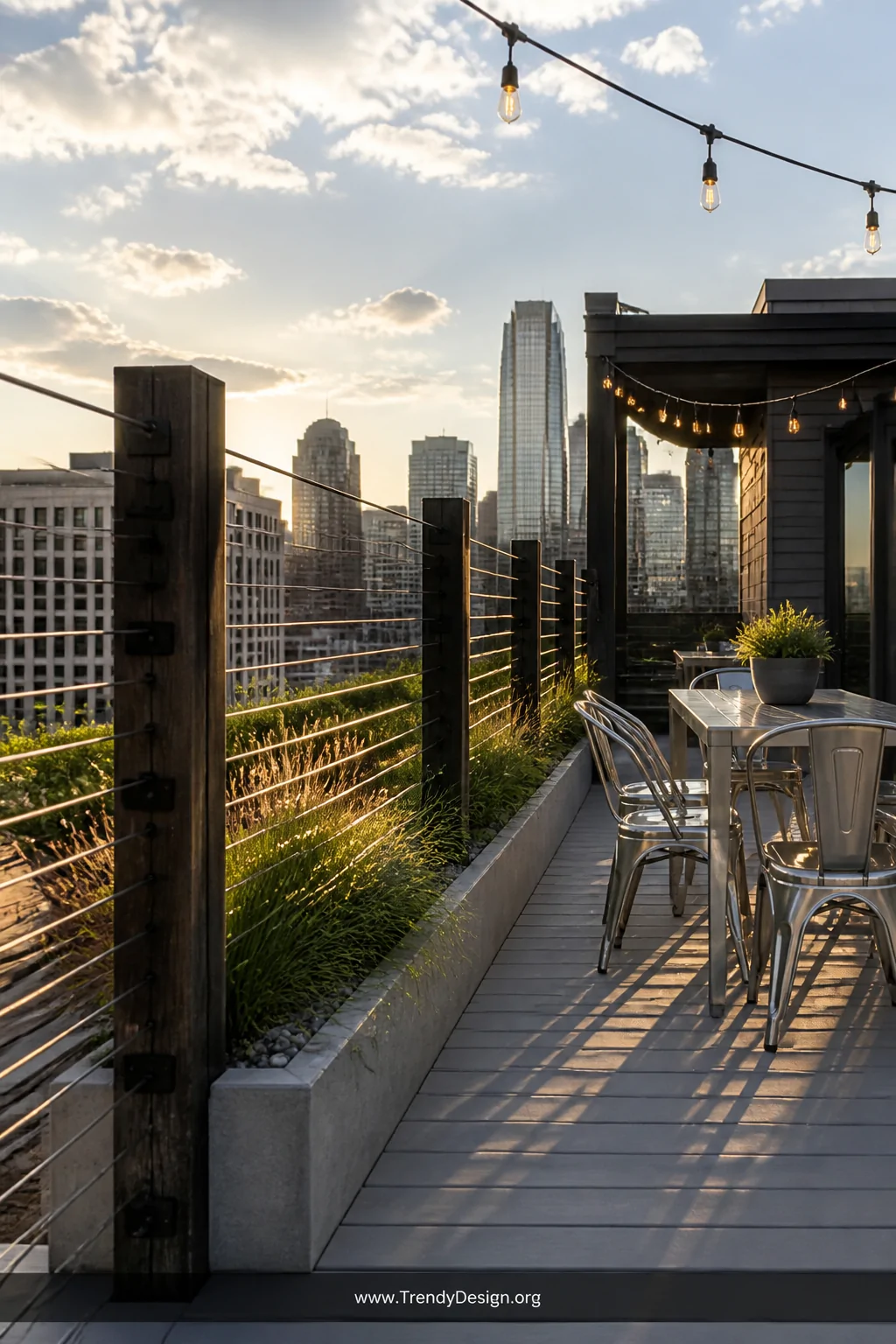 Medium photorealistic shot of an urban rooftop deck showcasing horizontal stainless steel cable railings stretched between da