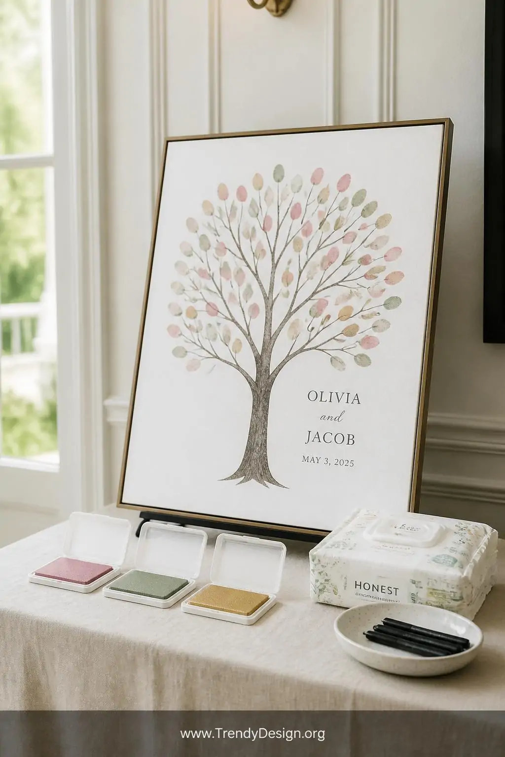 Medium shot of a linen-draped display table holding a large framed canvas featuring a beautifully illustrated bare tree trunk