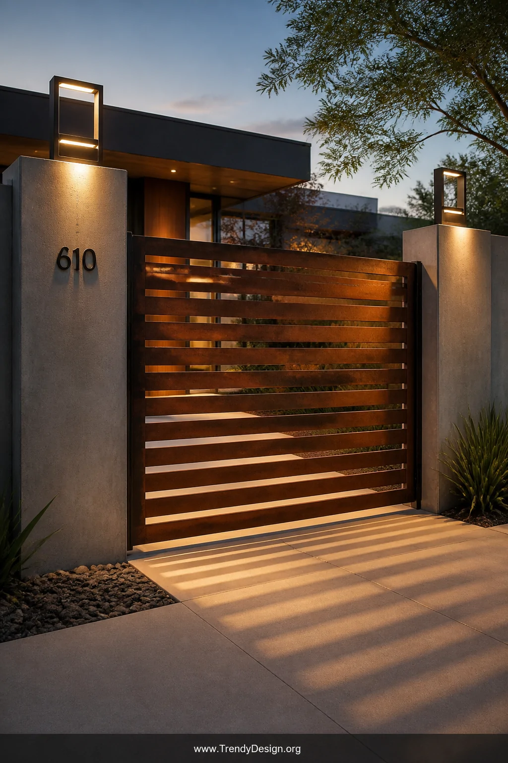A sleek contemporary horizontal slat gate in corten steel with warm rust-orange patina, mounted between smooth warm concrete 
