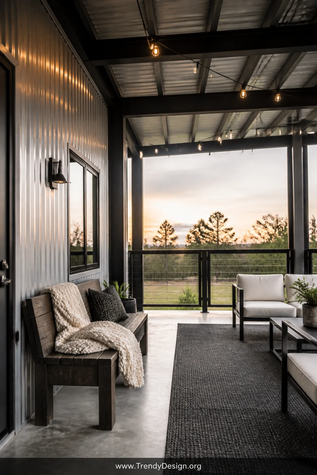 A medium-shot photorealistic image of a modern industrial pole barn porch featuring polished concrete floors, exposed raw ste