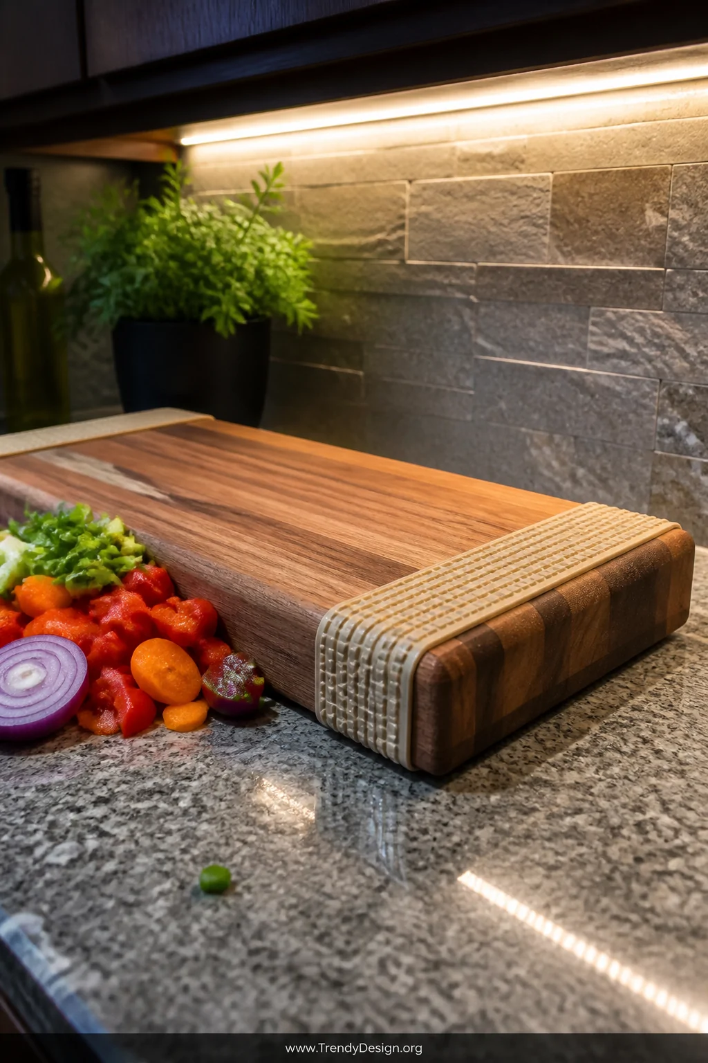 A close-up shot of a thick wooden cutting board on a polished grey granite kitchen countertop, with wide tan rubber bands str